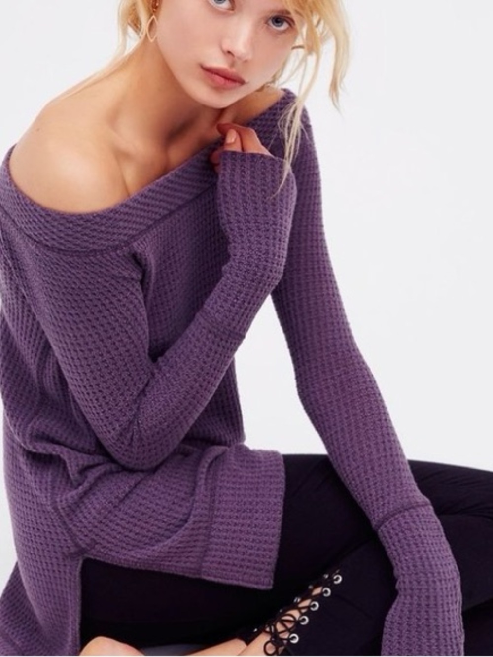 We the Free Thermal Kate Off-Shoulder Purple Waffle Knit Women's Sweater